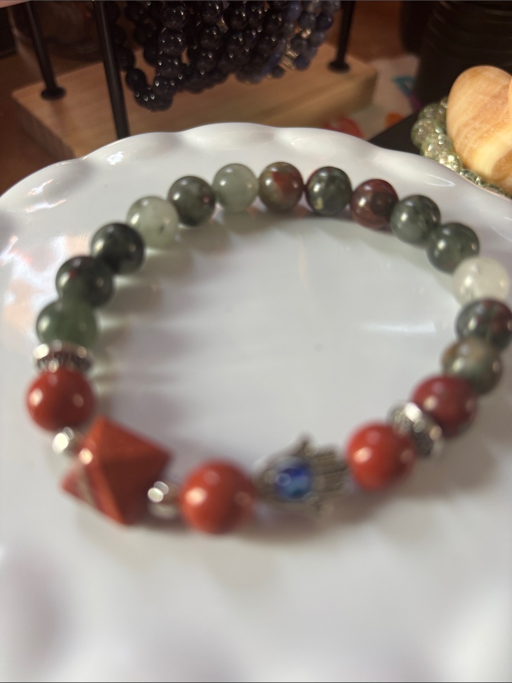 Natural African Blood Stone Bracelet with Red Jasper and Green Agate with Hamsa